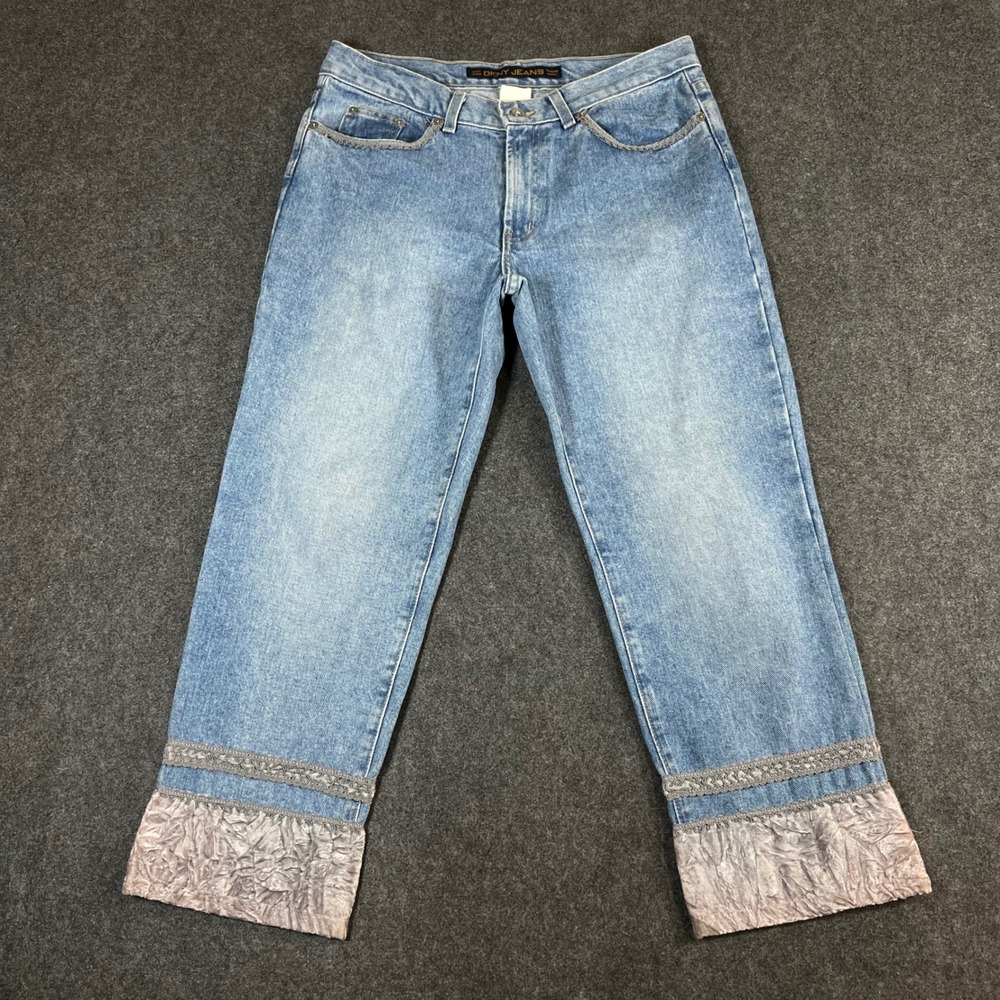 DKNY Jeans Womens 12 Blue Denim Velvet Trim Straight Leg Vintage Y2K Made in USA
